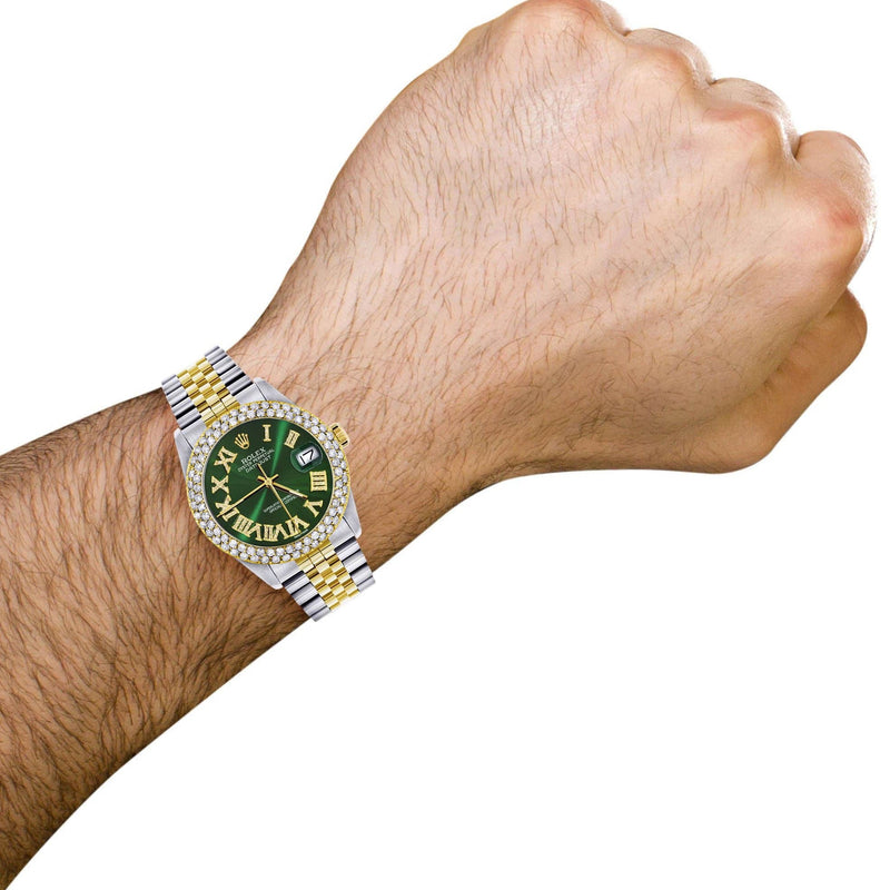 Diamond Gold Rolex Watch For Men 16233 | 36Mm | Green Roman Numeral Dial | Two Row 4.25 Carat Bezel | Jubilee Band