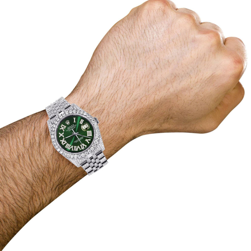 Iced Out Rolex Datejust 36 MM | Stainless Steel | 16.5 Carats of Diamonds | Green Roman Diamond Dial | Jubilee Band | Model 116200