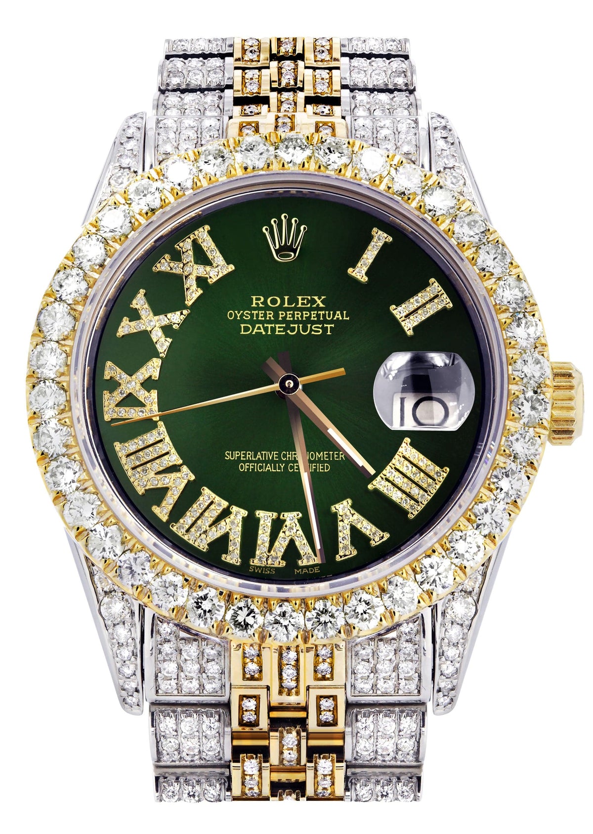 Iced Out Rolex Datejust 36 MM | Two Tone | 10 Carats of Diamonds | Green Roman Diamond Dial