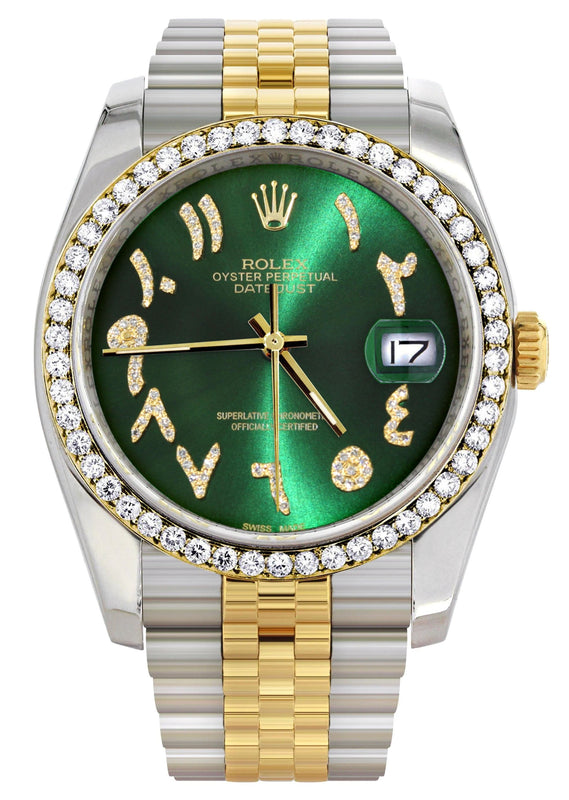 116233 | Hidden Clasp | Gold & Steel Rolex Datejust Watch | 36Mm | Green Arabic Diamond Dial | Jubilee Band