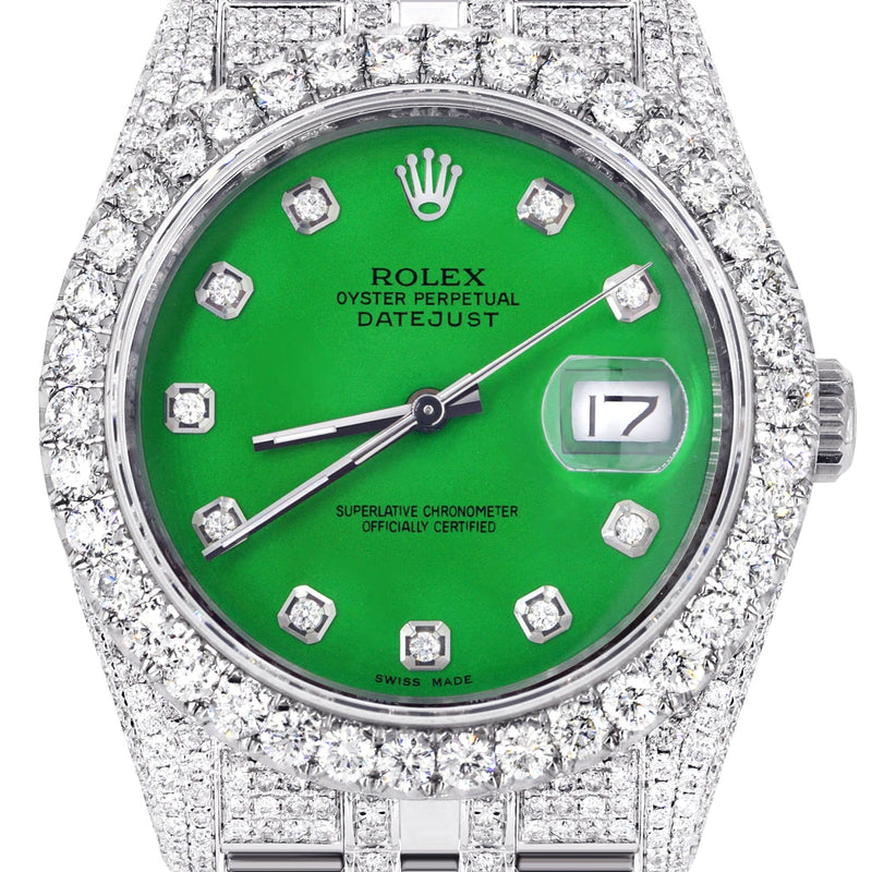 Iced Out Rolex Datejust 36 MM | Stainless Steel | 16.5 Carats of Diamonds | Green Diamond Dial | Jubilee Band | Model 116200