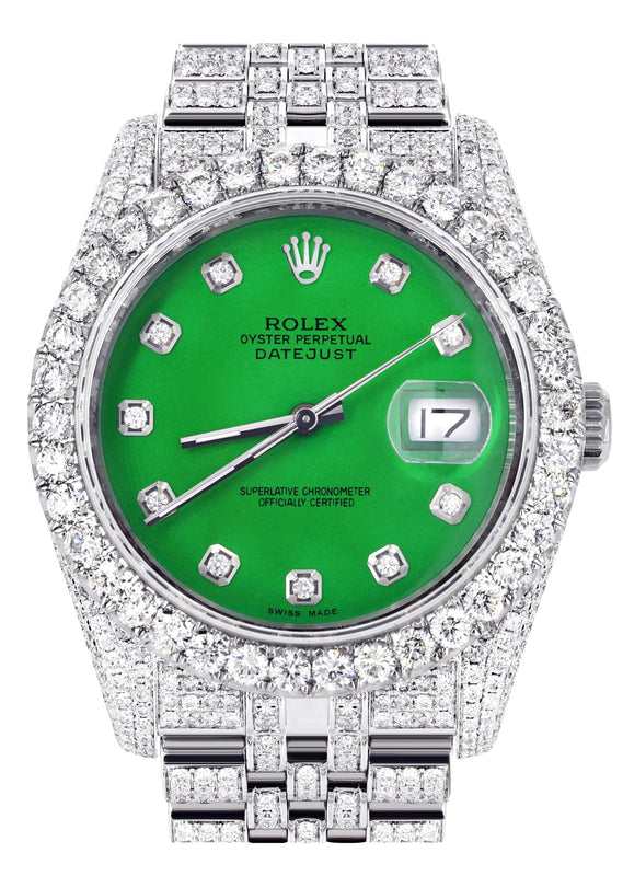 Iced Out Rolex Datejust 36 MM | Stainless Steel | 16.5 Carats of Diamonds | Green Diamond Dial | Jubilee Band | Model 116200