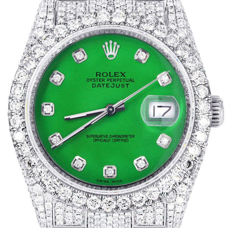 Iced Out Rolex Datejust 36 MM | Stainless Steel | 16.5 Carats of Diamonds | Green Diamond Dial | Oyster Band | Model 116200