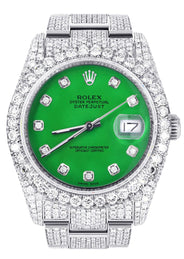 Iced Out Rolex Datejust 36 MM | Stainless Steel | 16.5 Carats of Diamonds | Green Diamond Dial | Oyster Band | Model 116200