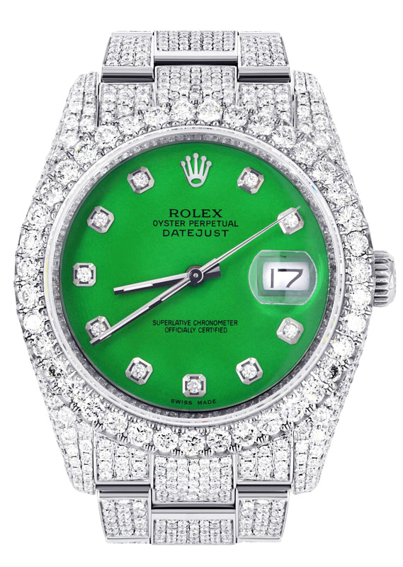 Iced Out Rolex Datejust 36 MM | Stainless Steel | 16.5 Carats of Diamonds | Green Diamond Dial | Oyster Band | Model 116200