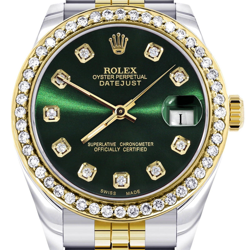 Diamond Gold Rolex Watch | 68273 |Diamond Bezel | 31MM | Green Dial | Jubilee Band