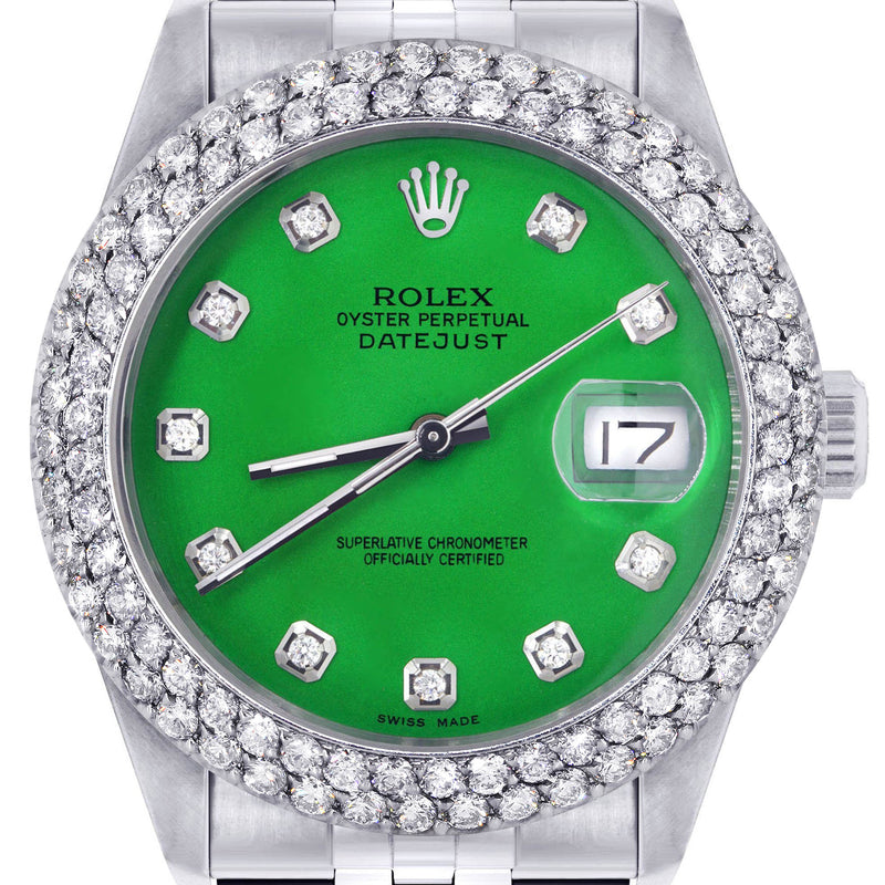 Womens Rolex Datejust Watch 16200 | 36Mm | Green Dial | Two Row 4.25 Carat Bezel | Jubilee Band