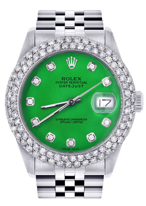 Womens Rolex Datejust Watch 16200 | 36Mm | Green Dial | Two Row 4.25 Carat Bezel | Jubilee Band