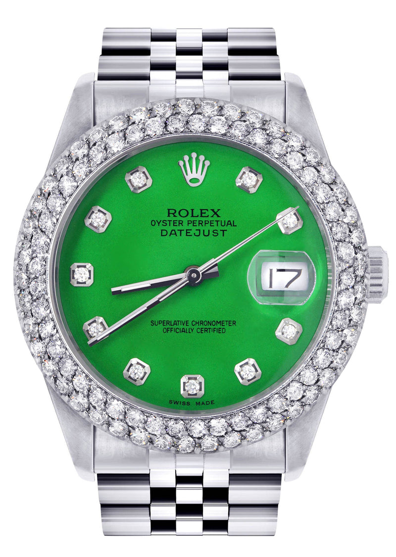 Womens Rolex Datejust Watch 16200 | 36Mm | Green Dial | Two Row 4.25 Carat Bezel | Jubilee Band
