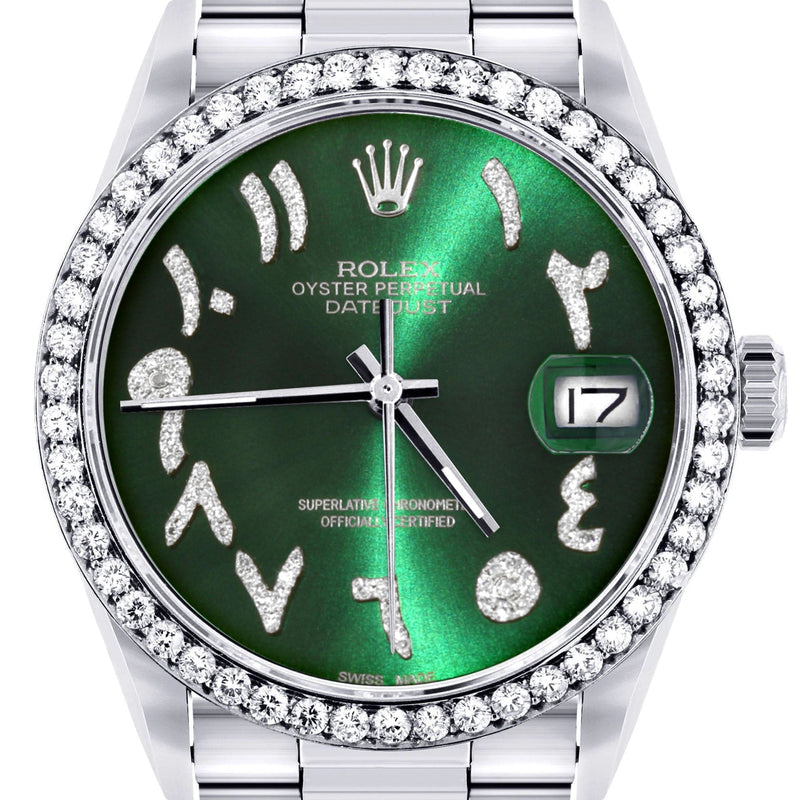 Diamond Mens Rolex Datejust Watch 16200 | 36Mm | Green Arabic Diamond Dial | Oyster Band