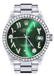 Diamond Mens Rolex Datejust Watch 16200 | 36Mm | Green Arabic Diamond Dial | Oyster Band