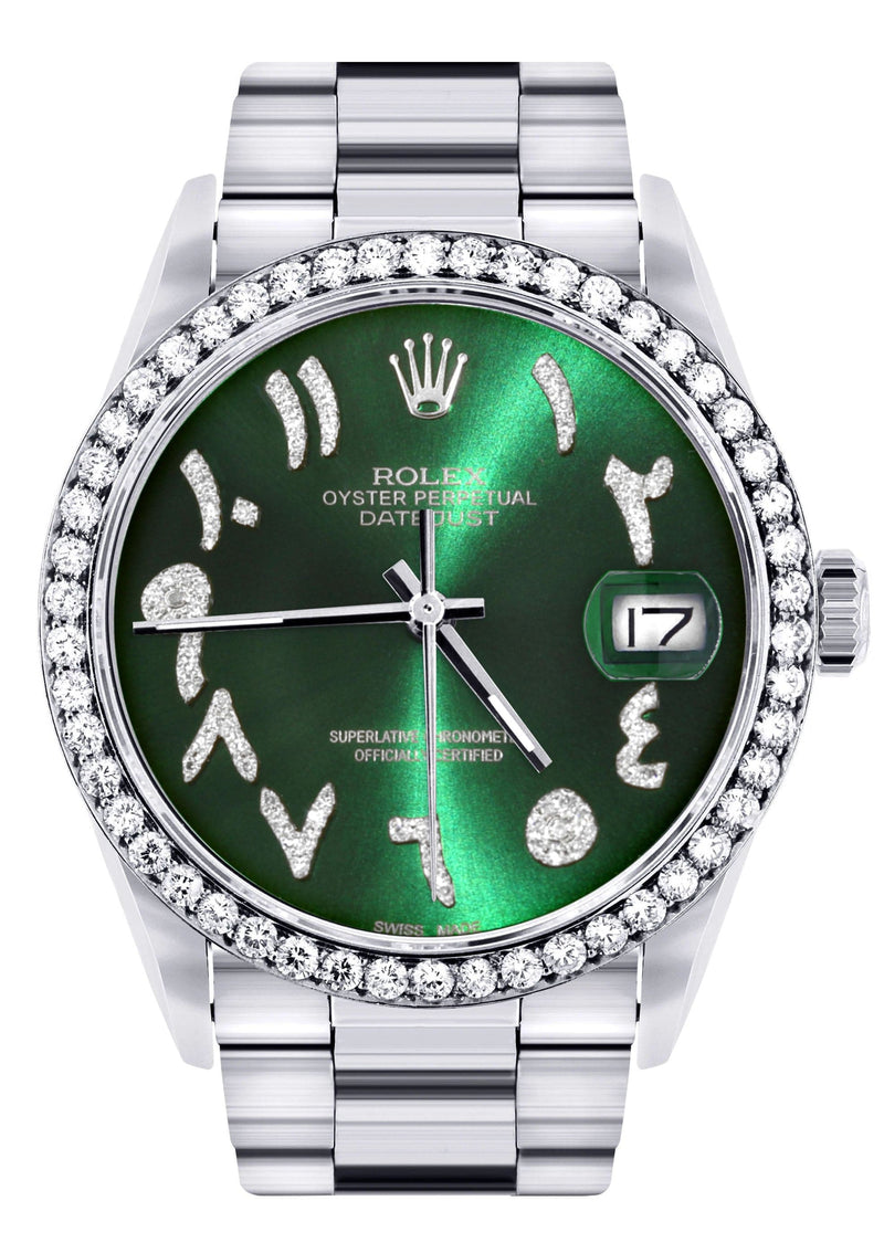 Diamond Mens Rolex Datejust Watch 16200 | 36Mm | Green Arabic Diamond Dial | Oyster Band
