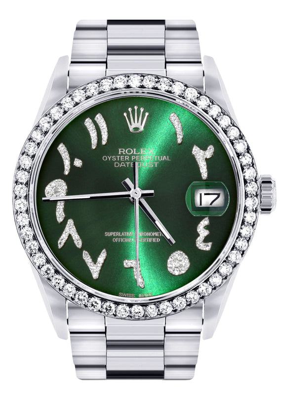 Diamond Mens Rolex Datejust Watch 16200 | 36Mm | Green Arabic Diamond Dial | Oyster Band