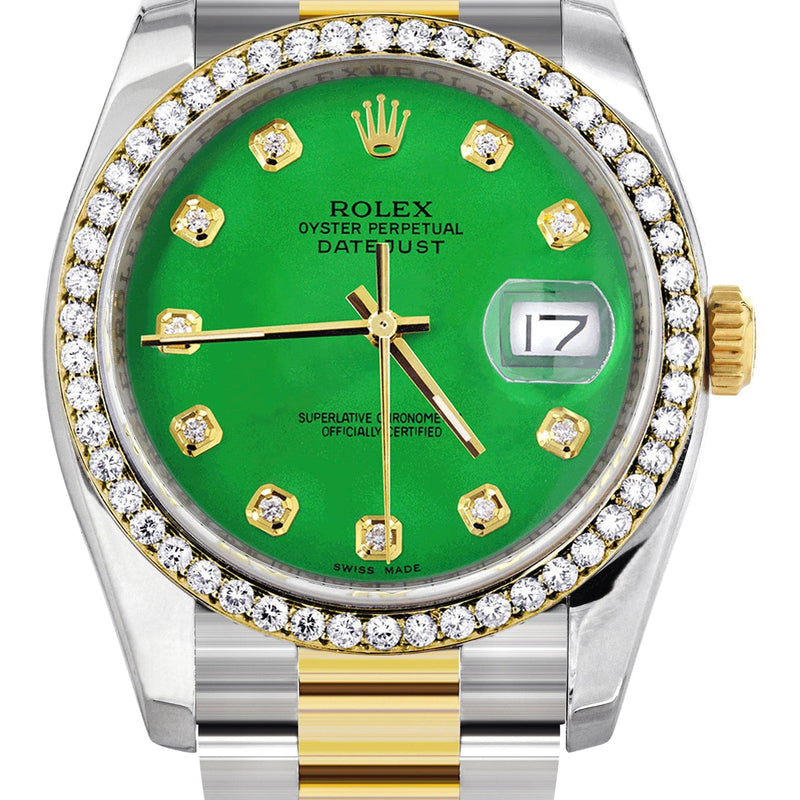 116233 | Diamond Gold Rolex Watch For Men | 36Mm | Green Dial | Oyster Band