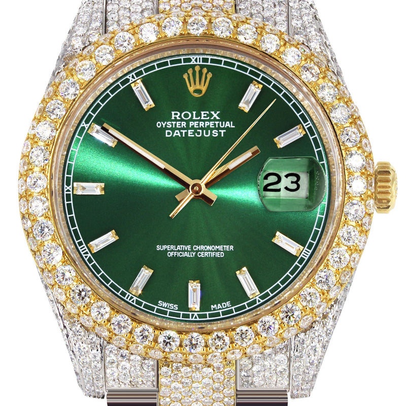 Womens Diamond Iced Out Rolex Datejust 41 | 25 Carats Of Diamonds | Green Diamond Dial | Two Tone | Two Row | Oyster Band
