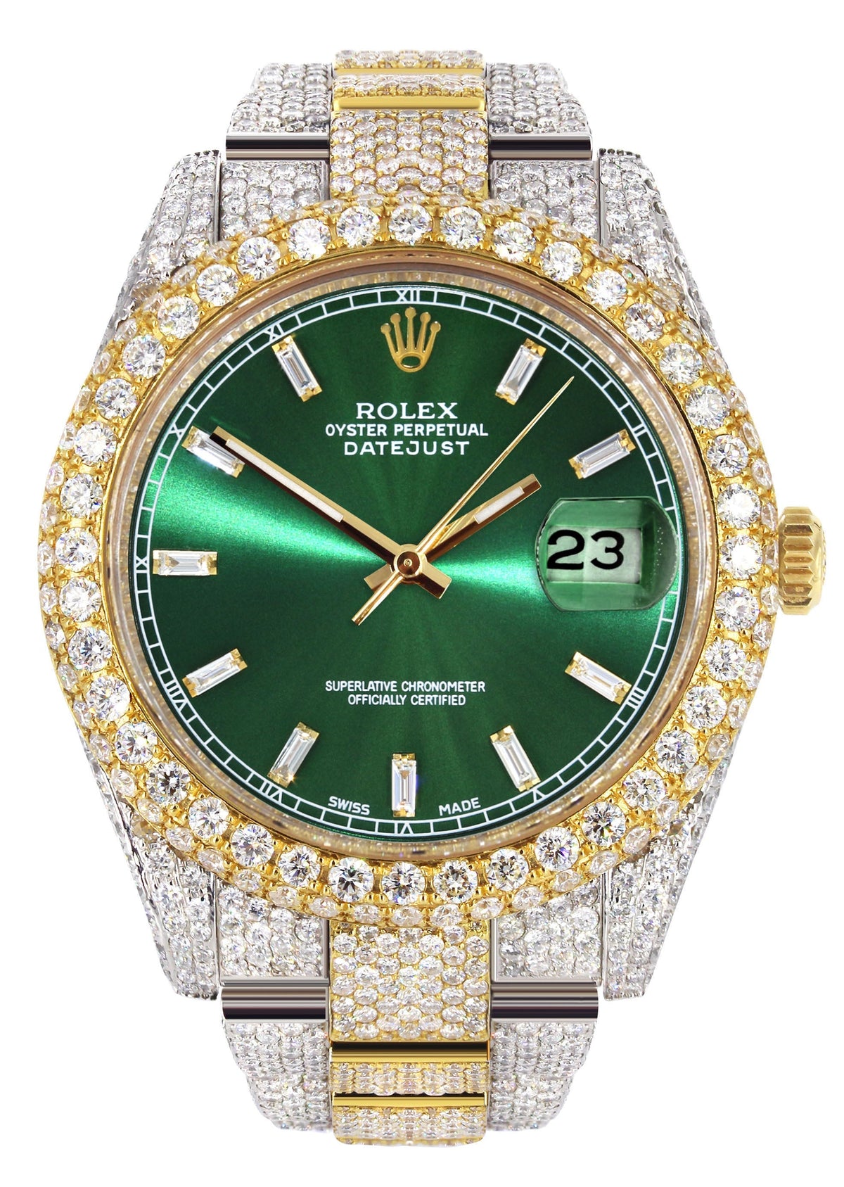 Womens Diamond Iced Out Rolex Datejust 41 | 25 Carats Of Diamonds | Green Diamond Dial | Two Tone | Two Row | Oyster Band