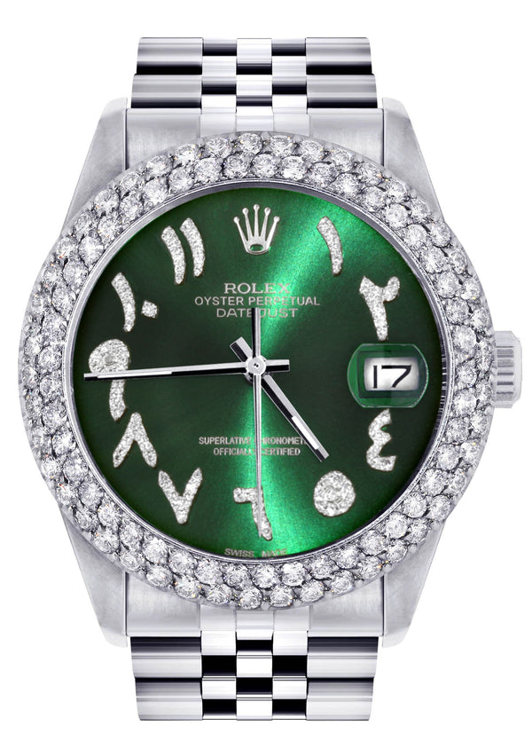 Mens Rolex Datejust Watch 16200 | 36Mm | Green Arabic Diamond Dial | Two Row 4.25 Carat Bezel | Jubilee Band