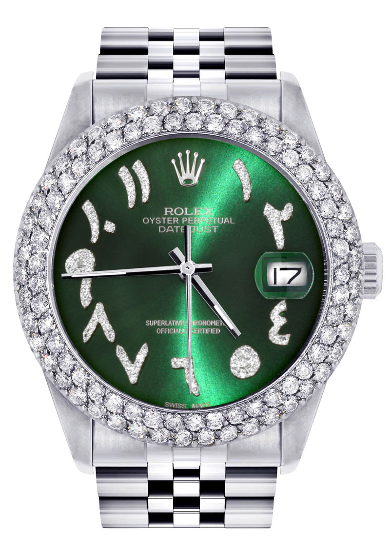 Mens Rolex Datejust Watch 16200 | 36Mm | Green Arabic Diamond Dial | Two Row 4.25 Carat Bezel | Jubilee Band