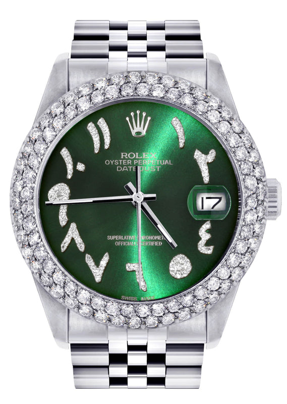 Mens Rolex Datejust Watch 16200 | 36Mm | Green Arabic Diamond Dial | Two Row 4.25 Carat Bezel | Jubilee Band