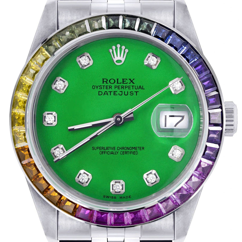 Diamond Gold Rolex Watch For Men 16200 | 36Mm | Rainbow Sapphire Bezel | Green Dial | Jubilee Band