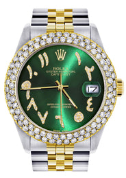 Diamond Gold Rolex Watch For Men 16233 | 36Mm | Green Arabic Diamond Dial | Two Row 4.25 Carat Bezel | Jubilee Band