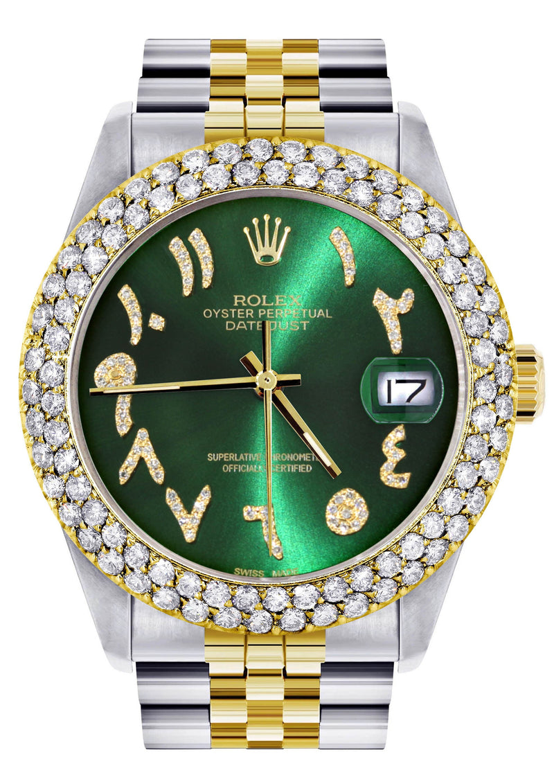Diamond Gold Rolex Watch For Men 16233 | 36Mm | Green Arabic Diamond Dial | Two Row 4.25 Carat Bezel | Jubilee Band