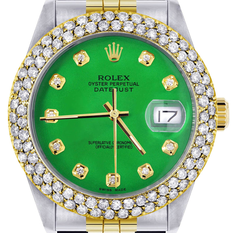Diamond Gold Rolex Watch For Men 16233 | 36Mm | Custom Green Dial | Two Row 4.25 Carat Bezel | Jubilee Band