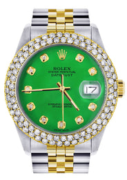 Diamond Gold Rolex Watch For Men 16233 | 36Mm | Custom Green Dial | Two Row 4.25 Carat Bezel | Jubilee Band