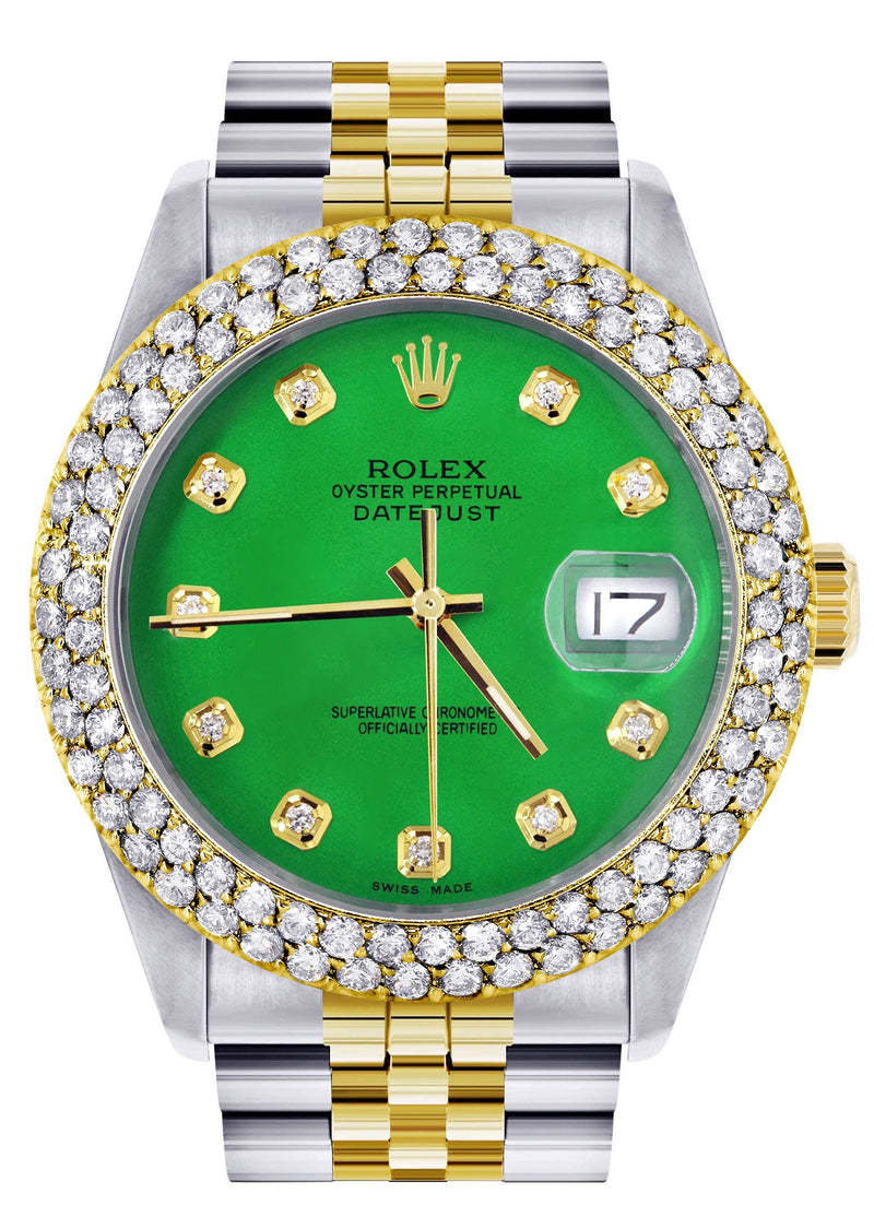 Diamond Gold Rolex Watch For Men 16233 | 36Mm | Custom Green Dial | Two Row 4.25 Carat Bezel | Jubilee Band