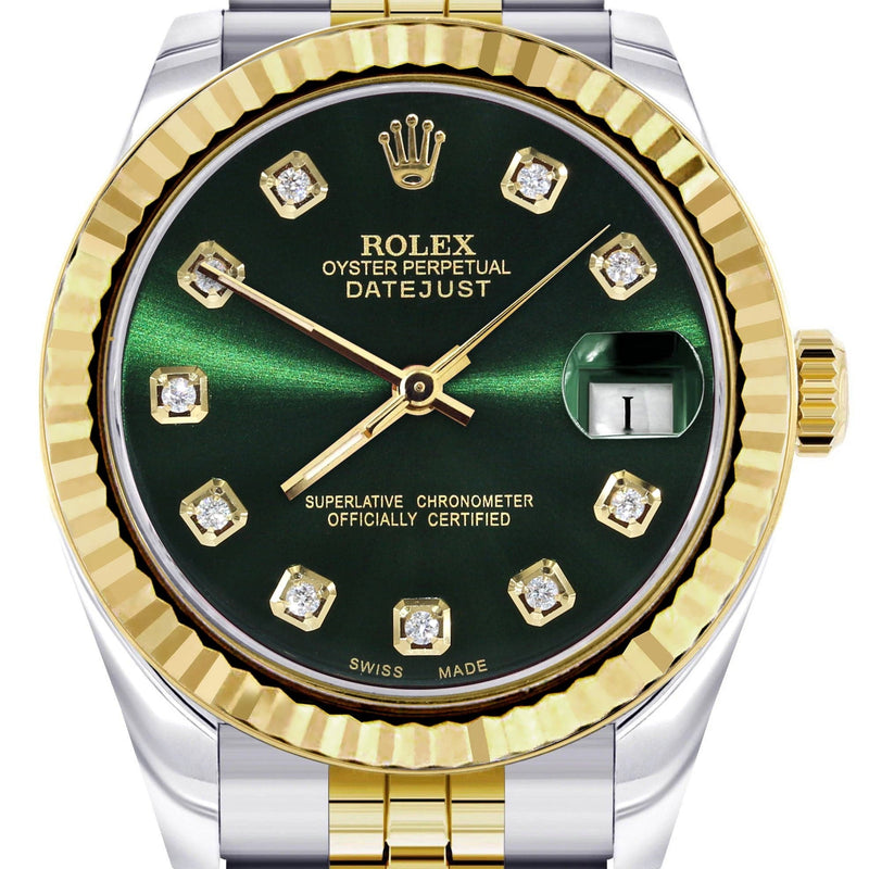 Diamond Gold Rolex Watch | 68273 | Fluted Bezel | 31MM | Green Diamond Dial | Jubilee Band