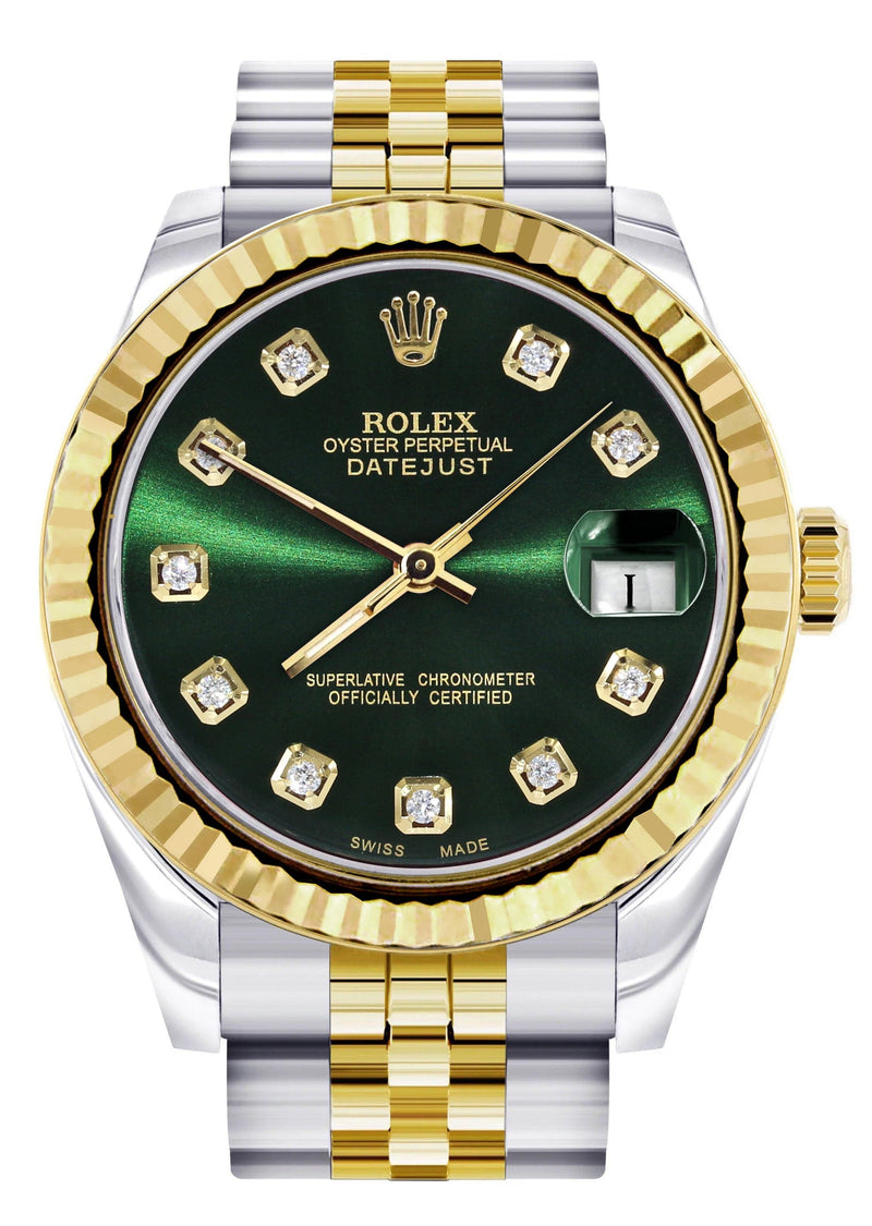 Diamond Gold Rolex Watch | 68273 | Fluted Bezel | 31MM | Green Diamond Dial | Jubilee Band