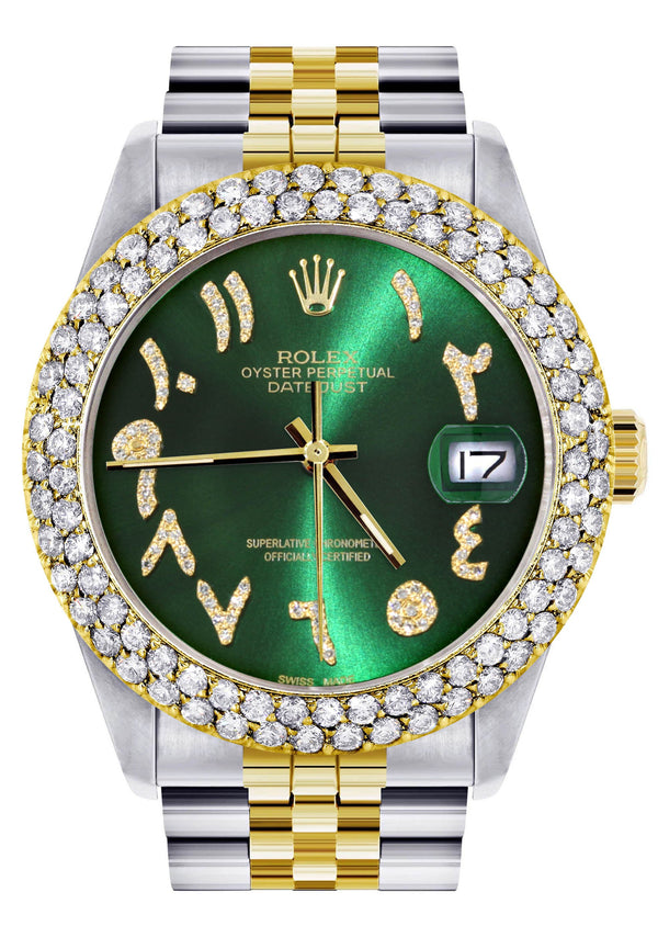 Diamond Gold Rolex Watch For Women 16233 | 36Mm | Green Arabic Diamond Dial | Two Row 4.25 Carat Bezel | Jubilee Band