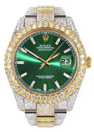 Diamond Iced Out Rolex Datejust 41 | 25 Carats Of Diamonds | Green Diamond Dial | Two Tone | Two Row | Oyster Band