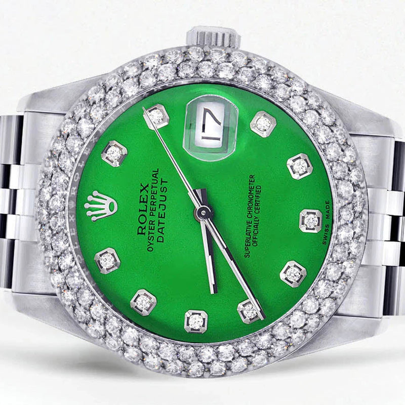 Womens Rolex Datejust Watch 16200 | 36Mm | Green Dial | Two Row 4.25 Carat Bezel | Jubilee Band