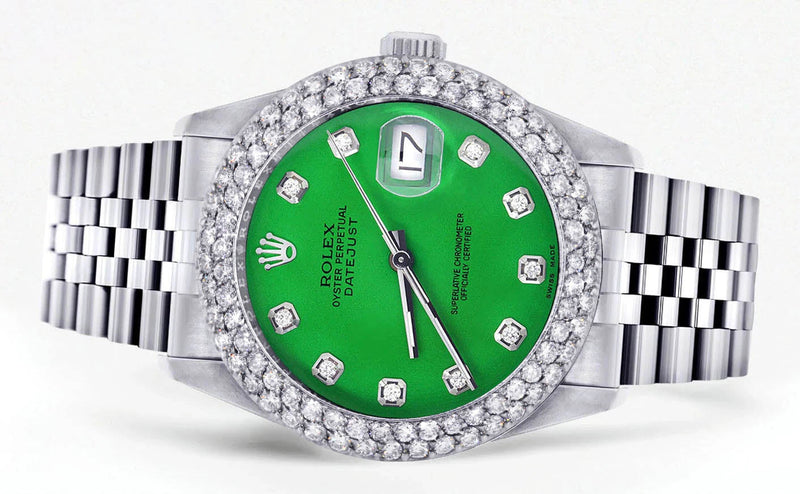 Womens Rolex Datejust Watch 16200 | 36Mm | Green Dial | Two Row 4.25 Carat Bezel | Jubilee Band