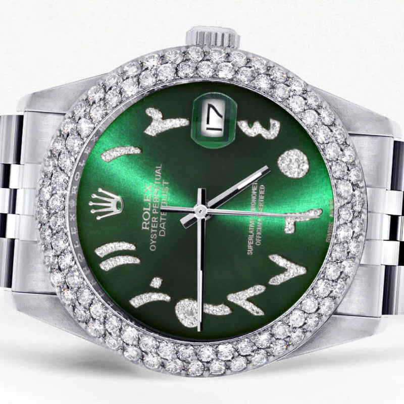 Womens Rolex Datejust Watch 16200 | 36Mm | Green Arabic Diamond Dial | Two Row 4.25 Carat Bezel | Jubilee Band