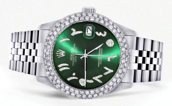Womens Rolex Datejust Watch 16200 | 36Mm | Green Arabic Diamond Dial | Two Row 4.25 Carat Bezel | Jubilee Band