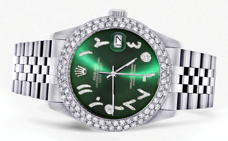 Womens Rolex Datejust Watch 16200 | 36Mm | Green Arabic Diamond Dial | Two Row 4.25 Carat Bezel | Jubilee Band