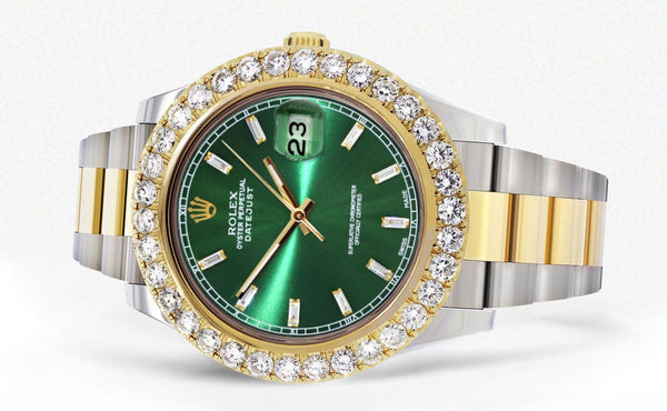 Rolex Datejust II Watch | 41 MM | 18K Yellow Gold & Stainless Steel | Custom Green Diamond Dial | Oyster Band
