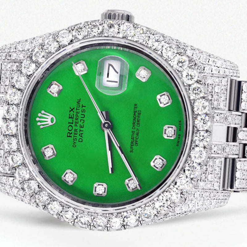 Iced Out Rolex Datejust 36 MM | Stainless Steel | 16.5 Carats of Diamonds | Green Diamond Dial | Jubilee Band | Model 116200