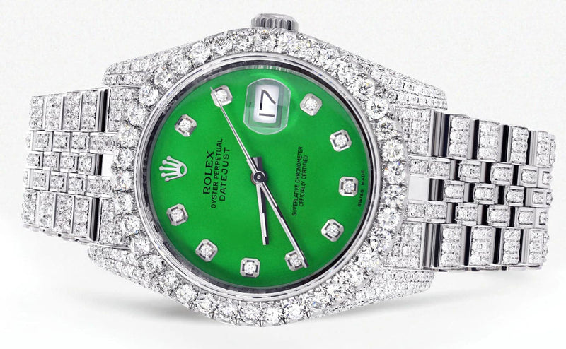 Iced Out Rolex Datejust 36 MM | Stainless Steel | 16.5 Carats of Diamonds | Green Diamond Dial | Jubilee Band | Model 116200