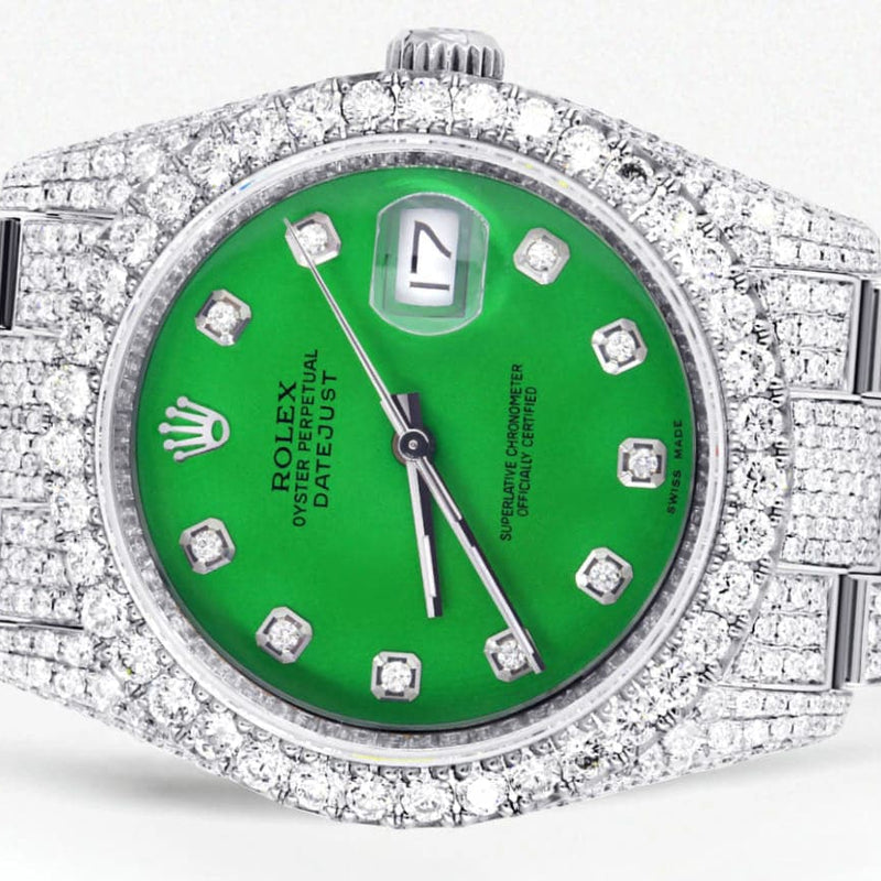 Iced Out Rolex Datejust 36 MM | Stainless Steel | 16.5 Carats of Diamonds | Green Diamond Dial | Oyster Band | Model 116200