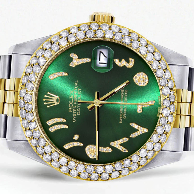 Diamond Gold Rolex Watch For Men 16233 | 36Mm | Green Arabic Diamond Dial | Two Row 4.25 Carat Bezel | Jubilee Band