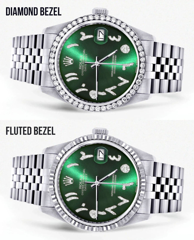 Diamond Mens Rolex Datejust Watch 16200 | 36Mm | Green Arabic Diamond Dial | Jubilee Band