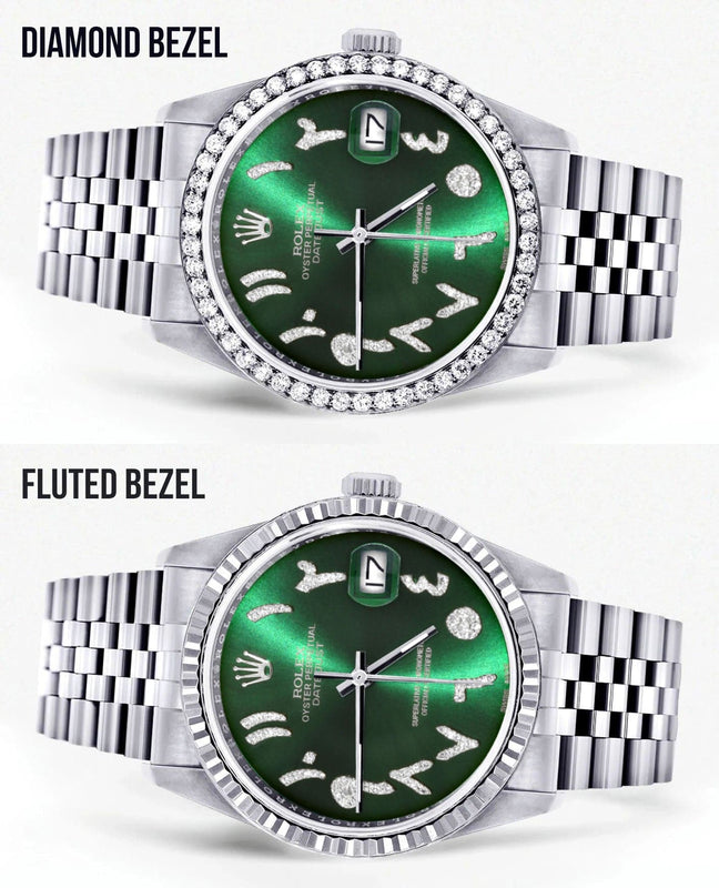 Diamond Mens Rolex Datejust Watch 16200 | 36Mm | Green Arabic Diamond Dial | Jubilee Band