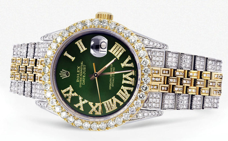Iced Out Rolex Datejust 36 MM | Two Tone | 10 Carats of Diamonds | Green Roman Diamond Dial