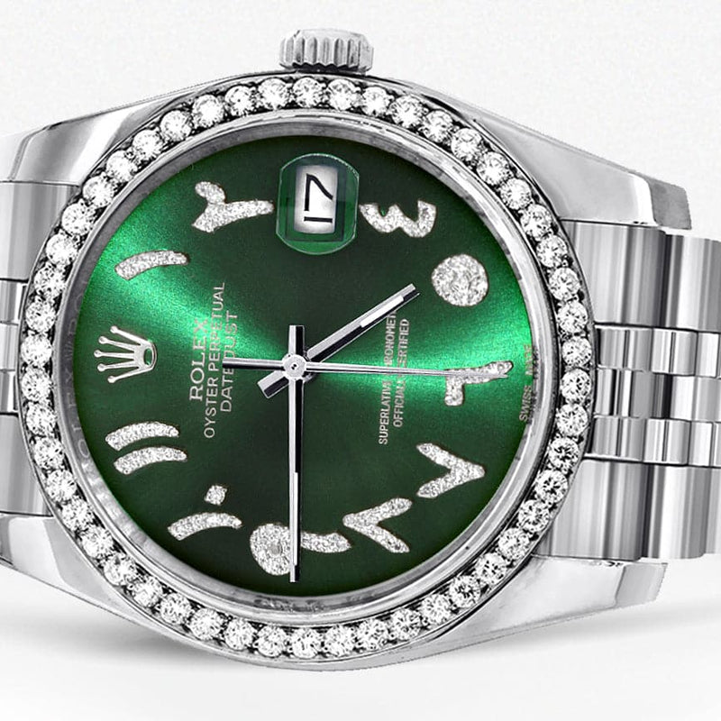 116200 | Hidden Clasp | Diamond Rolex Datejust Watch | 36Mm | Green Arabic Diamond Dial | Jubilee Band