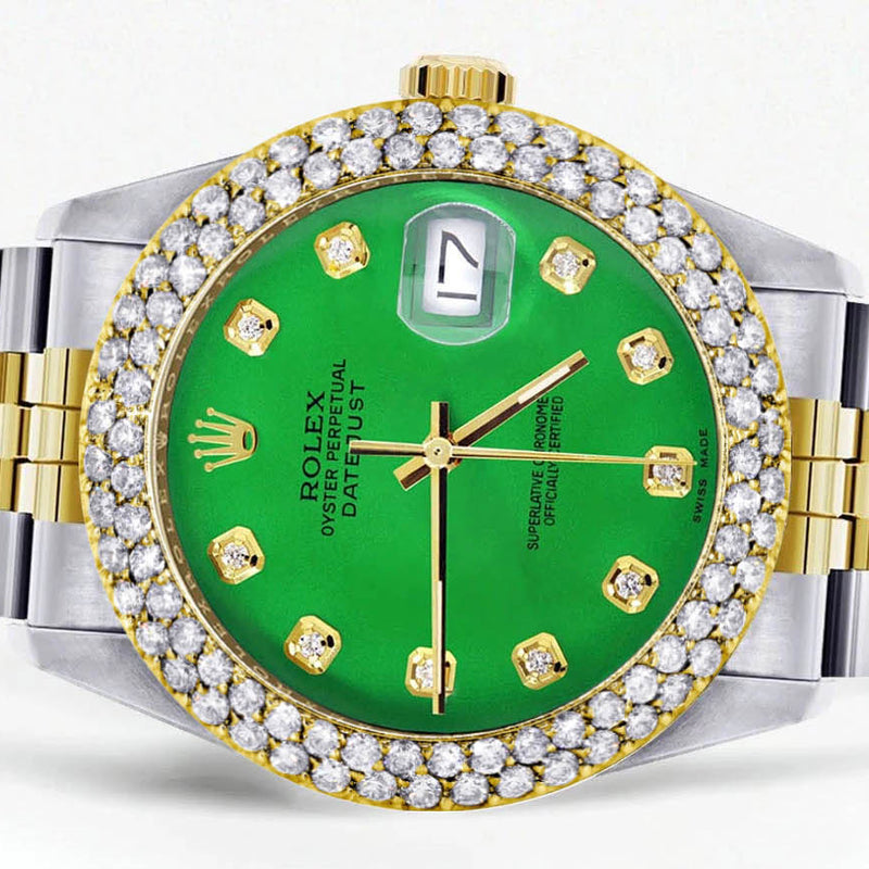 Diamond Gold Rolex Watch For Women 16233 | 36Mm | Custom Green Dial | Two Row 4.25 Carat Bezel | Jubilee Band