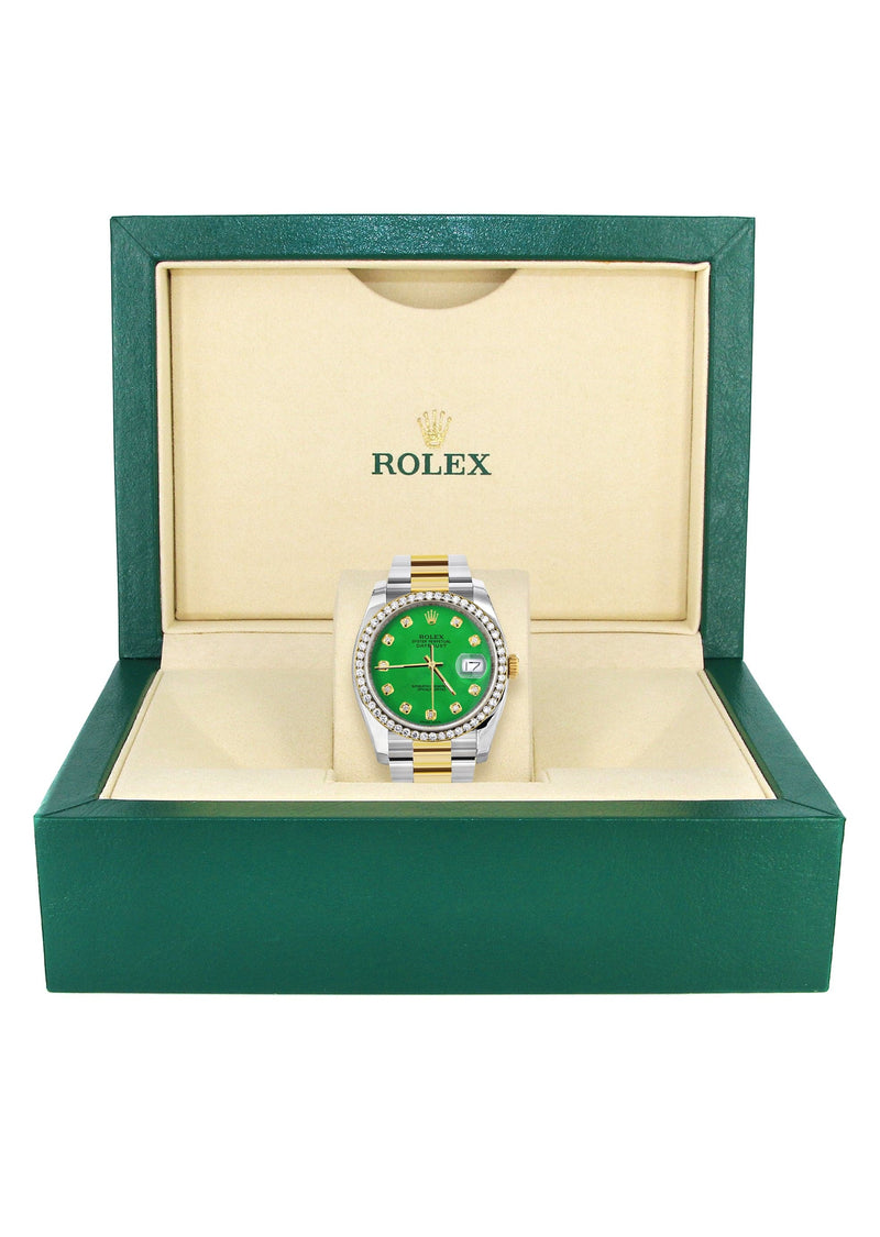 116233 | Diamond Gold Rolex Watch For Men | 36Mm | Green Dial | Oyster Band