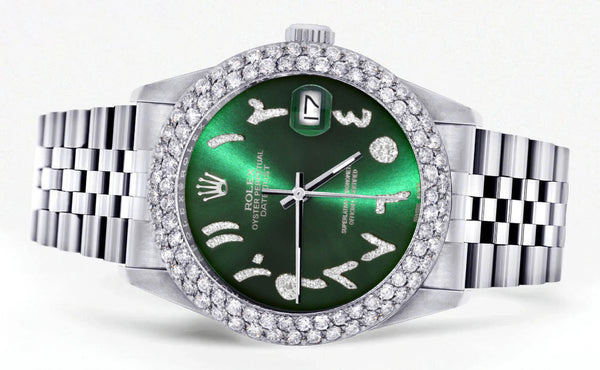 Mens Rolex Datejust Watch 16200 | 36Mm | Green Arabic Diamond Dial | Two Row 4.25 Carat Bezel | Jubilee Band